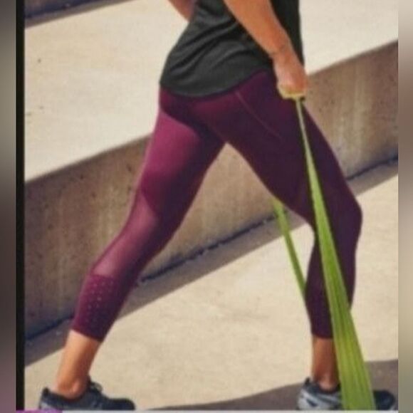 L T ATHLETA CHATARUNGA LASER MESH maroon purple running yoga LEGGINGS LARGE TALL - Picture 11 of 11